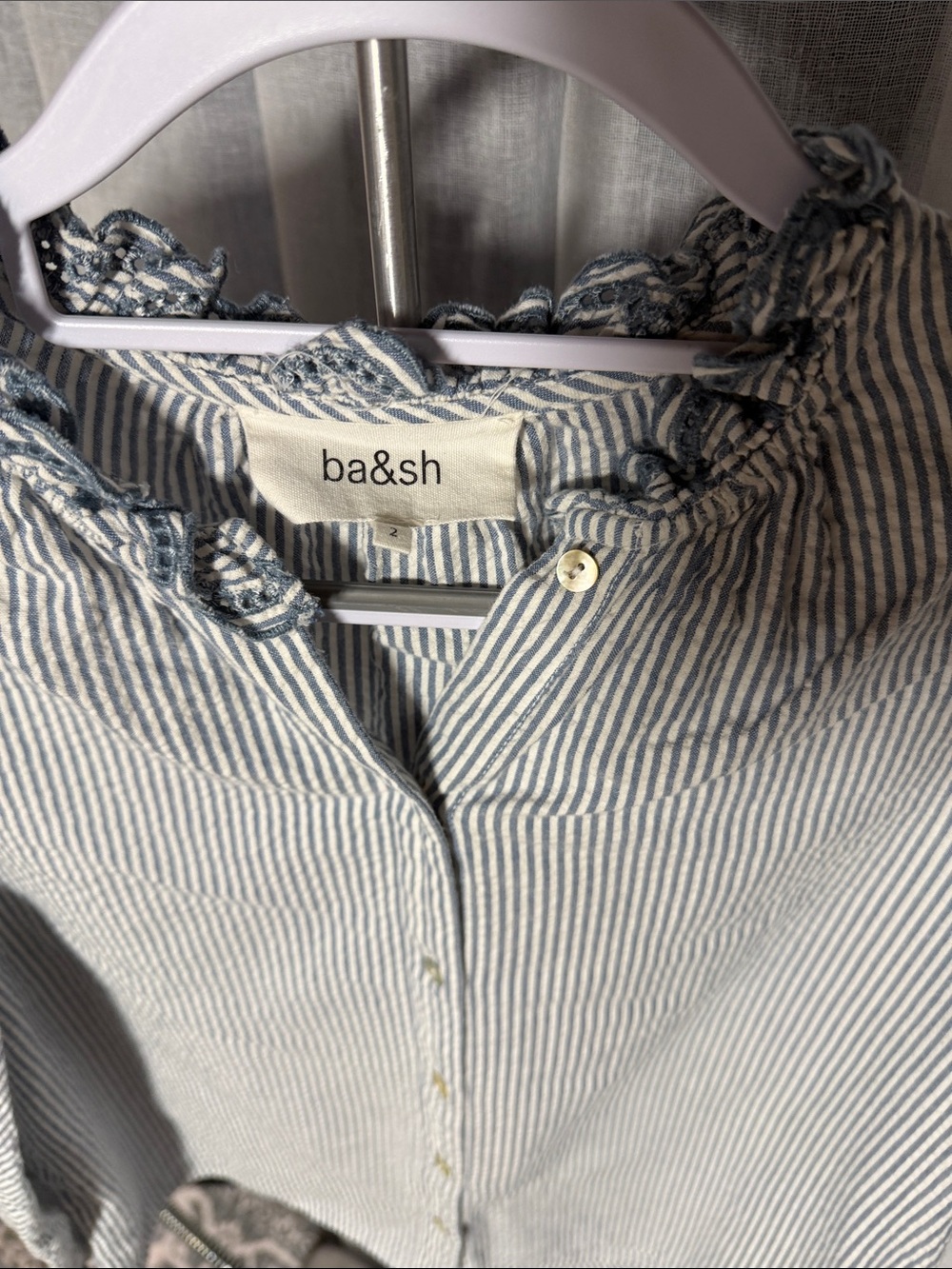 ba&sh Blue & White Striped Ruffle-Neck Button-Down Shirt. 0120 - Picture 2 of 10